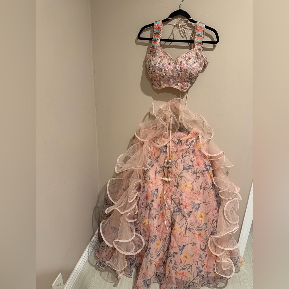 Embellished Pink Floral Two-Piece Gown (Lehenga)